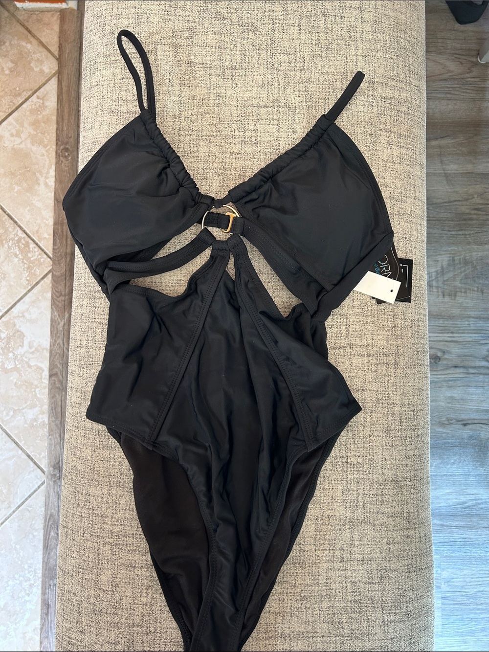 Black One-Piece Cutout Swimsuit with Gold Ring